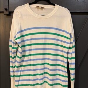 LOFT Green and Blue Striped Crewneck Top